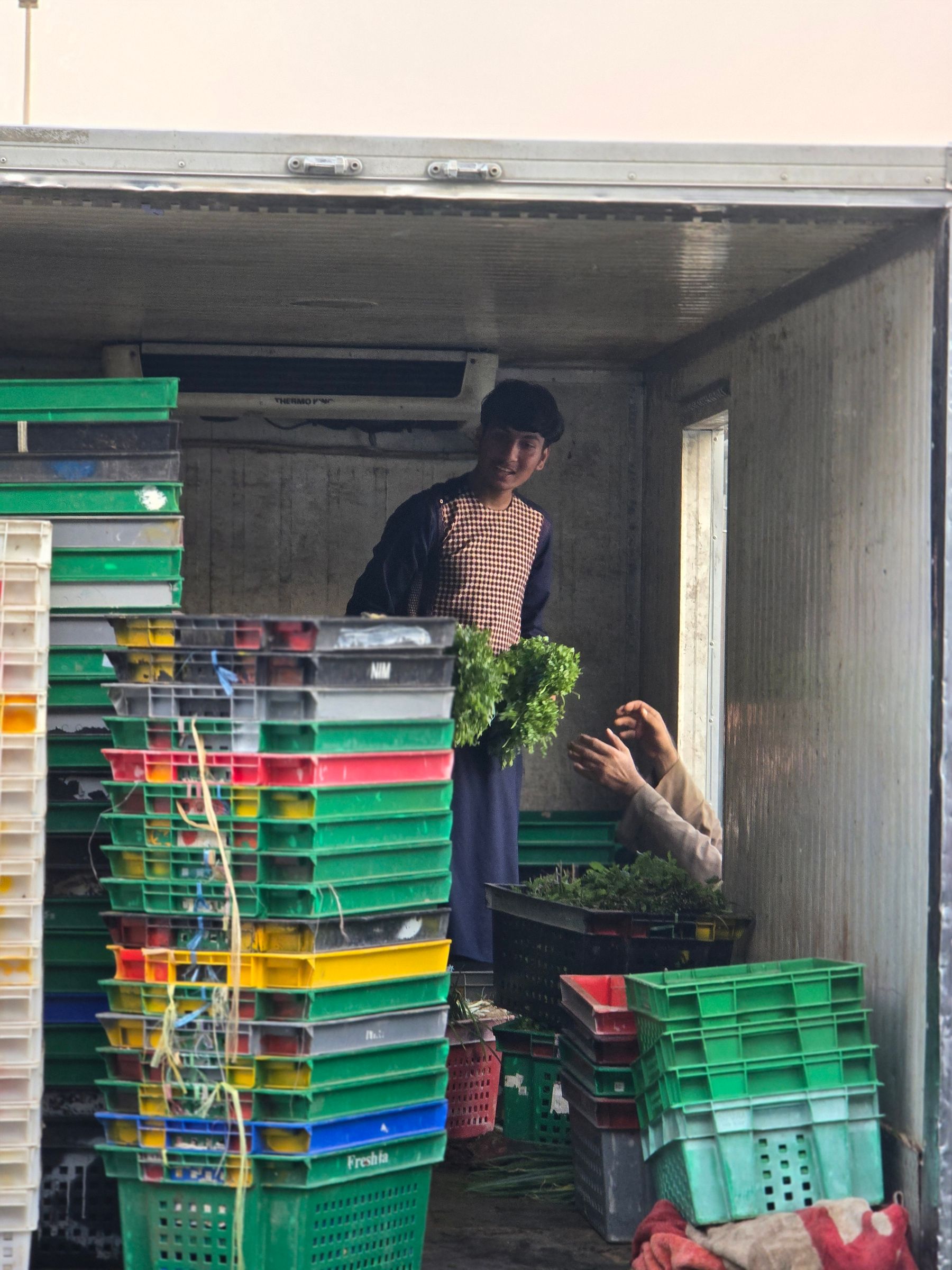 A produce handler loading reusable crates into a refrigerated vehicle